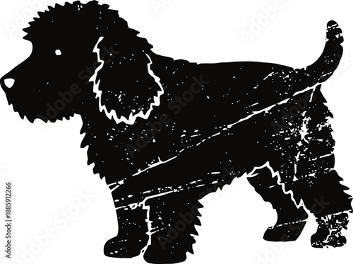 Silhouette of a shaggy dog standing sideways with textured grunge effect