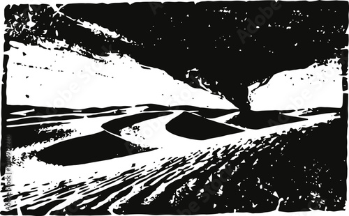 Desert landscape with sand dunes under cloudy sky, black and white artistic illustration