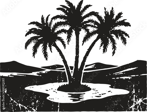 Desert oasis with palm trees silhouette and water reflecting in arid landscape