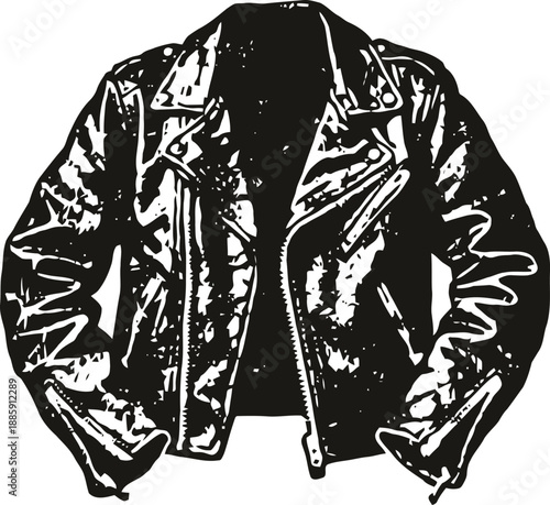 Classic leather biker jacket illustration with zipper and collar detailing