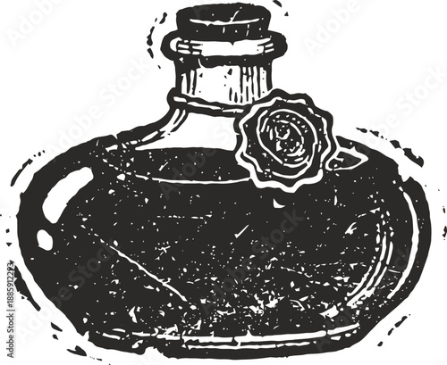 Vintage glass ink bottle with wax seal, classic writing tool illustration