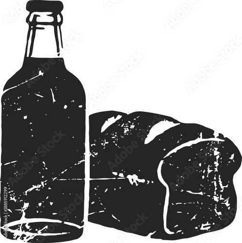 Bottle and sliced bread vintage illustration, bakery food staple black and white design