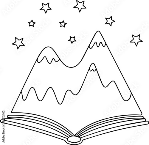 An open book with mountains and stars above it viewed from the front