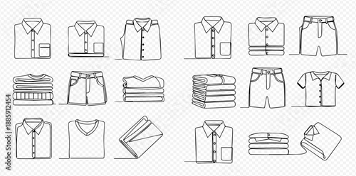 Continuous line drawing of various folded clothes, including shirts, pants, and sweaters, on a transparent background.