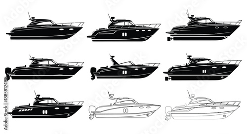 Silhouette collection of various motor yachts and speedboats in black and white