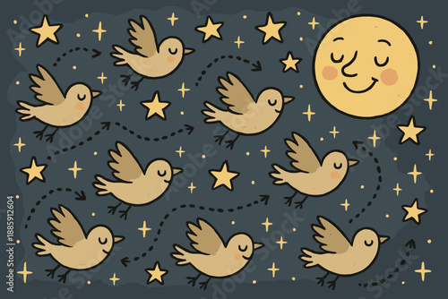 Joyful Night Bird Migration. Whimsical doodle nocturnal bird migration with smiling birds flying under cartoon stars, cheerful