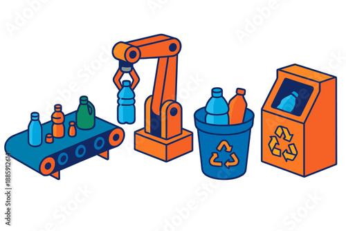 Recycling Process Illustration. Isometric vector illustration set Plastic Sorting Process: Conveyor belt with items, robotic arm