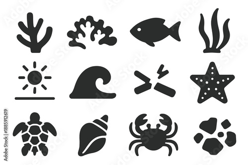 Coral Bleaching Icons. Solid style icons of Coral Bleaching: White Coral, Reef, Fish, Algae Loss, Sunlight, Wave, Broken Branch,