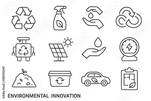 Environmental Innovation Icons. Line style icons of Environmental Innovation: Recycle Symbol, Sustainable Product, Waste