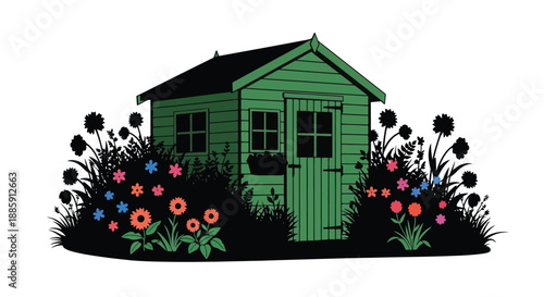 A charming green garden shed surrounded by colorful wildflowers and foliage