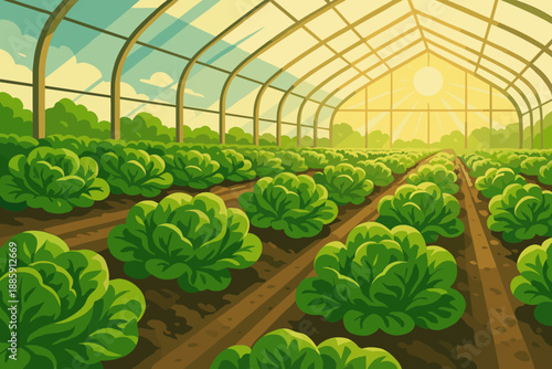 Sunlit Lettuce Greenhouse. Dynamic shot of fresh green lettuce heads growing in neat rows vector illustration under a sunlit