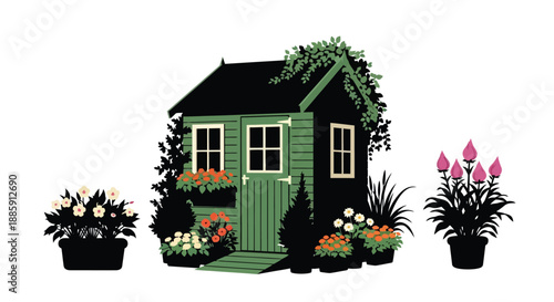 Charming green garden shed surrounded by vibrant flowers and lush foliage