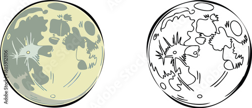 Full moon Illustration and outline set isolated on transparent background