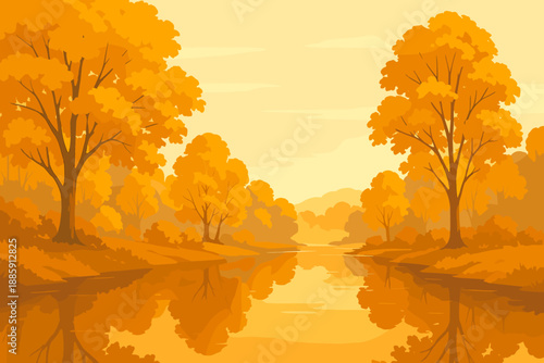 Golden Autumn Reflections. Scenic river reflecting golden autumn trees under vector illustration soft morning light, tranquil and