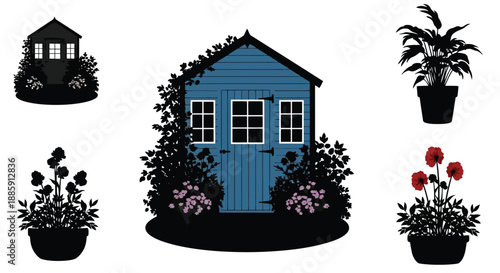 Stylized illustration featuring a blue shed plants and floral arrangements
