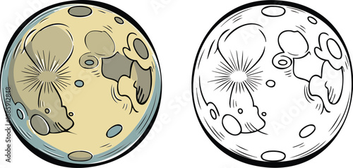 Full moon Illustration and outline set isolated on transparent background