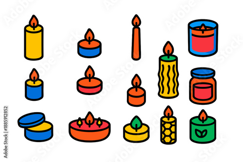 Colorful Candle Icons. Flat vector icons of Candle Types: pillar candle, tealight, taper candle, container candle, votive candle,