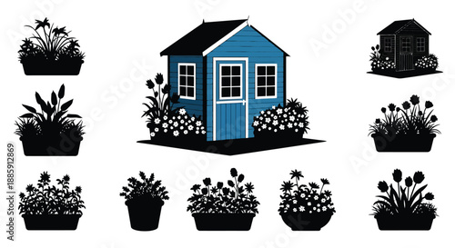 A collection of miniature blue houses and potted plant arrangements