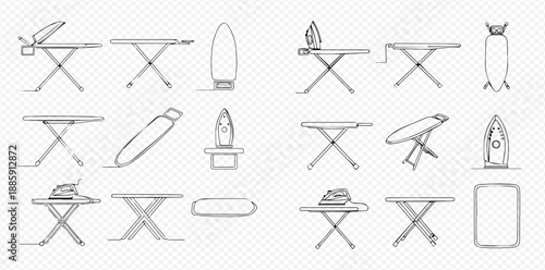 Set of various hand-drawn ironing boards and irons in different positions and angles.