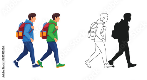 Illustration of walking men in color outline and silhouette forms