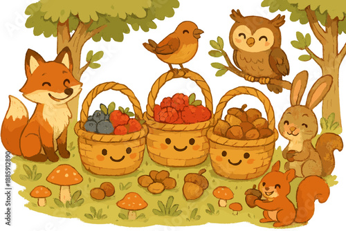 Woodland Picnic Gathering. Forest picnic with smiling baskets full of berries, nuts, and mushrooms, and woodland animals joining