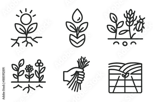 Resilient Crops Icons. Line style icons of Crop Resilience Through Diversity: drought-resistant sprout, climate-adapted seed icon,