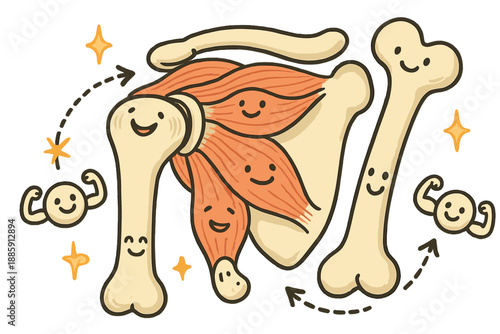 Joyful Shoulder Mechanics. Joyful doodle shoulder mechanics illustration with happy rotator cuff muscles, cartoon bones with faces