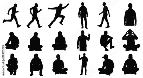 Silhouettes of people in various dynamic and relaxed poses a collection
