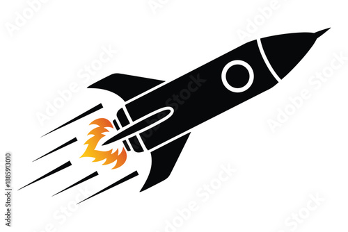 Stylized black space rocket launching quickly with orange fiery trail graphic vector illustration isolated on background