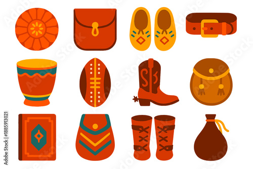Global Leather Craft Icons. Flat vector icons of traditional leather crafts worldwide: Moroccan pouf, Japanese leather case,