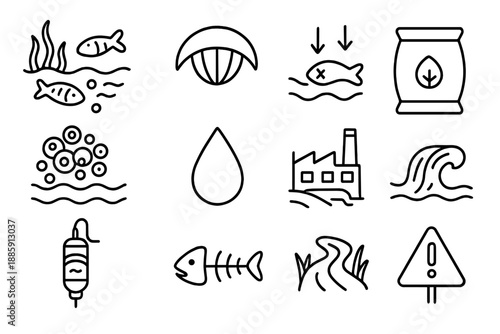 Eutrophic Water Icons. Line style icons of Eutrophic Waters: Dead Zone, Fish Gill, Hypoxia, Nutrient Overflow; Algae Bloom, Water
