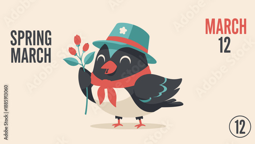 Cartoon Blackbird Wearing Hat and Scarf.