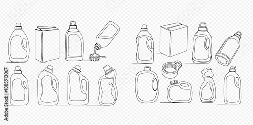 Continuous line drawing of various detergent bottles and boxes, cleaning product containers, and packaging for household chemicals.