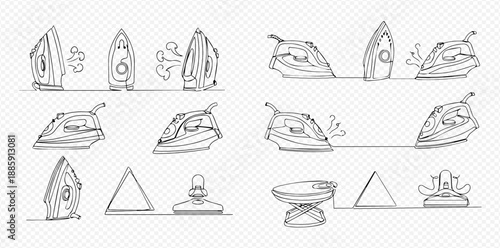Set of continuous line drawings of electric irons, household appliances for laundry and clothing care.