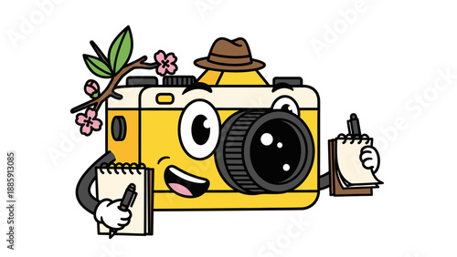 Cartoon Camera Character with Hat and Flowers.