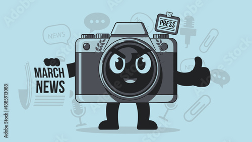 Cartoon Camera Character with Thumbs Up.