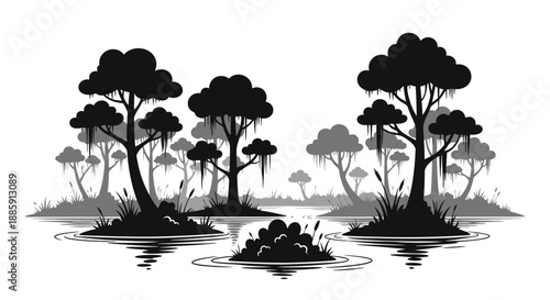 A serene black and white landscape featuring trees and water reflections