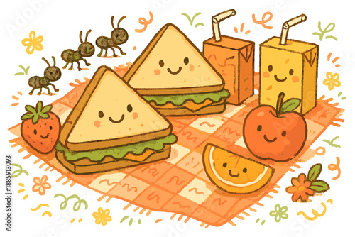 Whimsical Picnic Scene. Happy doodle picnic with sandwiches smiling, juice boxes with faces, ants marching playfully, fruits with