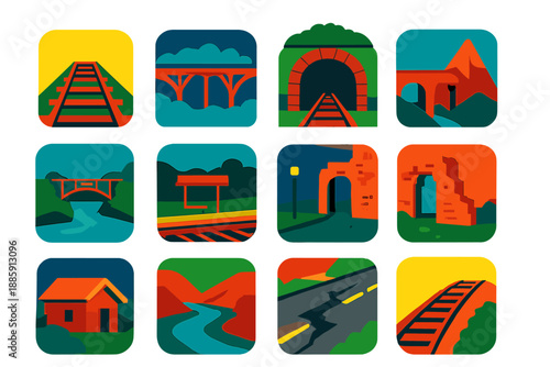 Forgotten Railway Icons. Flat vector icons of Forgotten Railway Landscapes: empty track, foggy bridge, overgrown tunnel, ruined