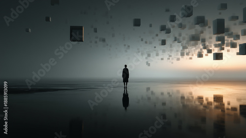 Human Facing Abstract Digital Landscape Symbolizing Artificial Intelligence and Data Future
