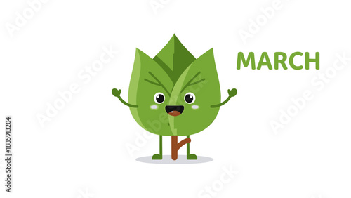 Cartoon Leaf Character with March Text.