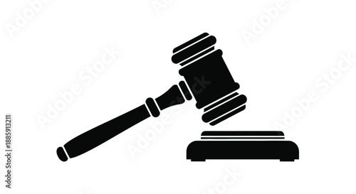A simple black silhouette of a gavel resting on a sound block