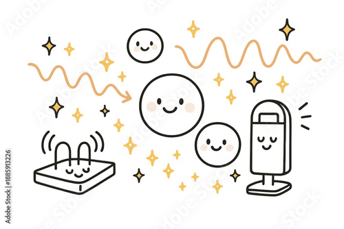 Playful Plasmonics Lab. Whimsical doodle plasmonics lab with smiling nanoparticles, cartoon light waves bouncing cheerfully, tiny