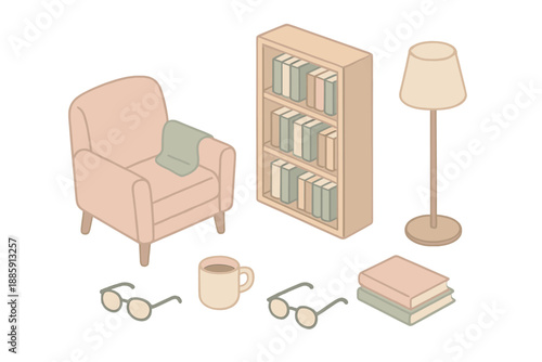 Cozy Reading Nook. Isometric vector illustration set Weekend Reading Corner: armchair with blanket, bookshelf, coffee mug, reading