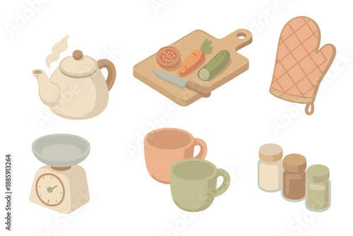 Cozy Kitchen Essentials. Isometric vector illustration set Cozy Kitchen Essentials: teapot with steam, cutting board with