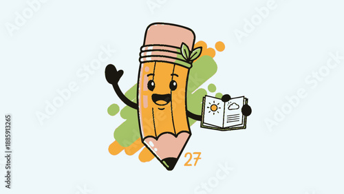 Cartoon Pencil Character with Calendar.