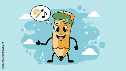 Cartoon Pencil Character with Thought Bubble.