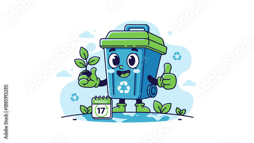 Cartoon Recycling Bin Character with Sprout.