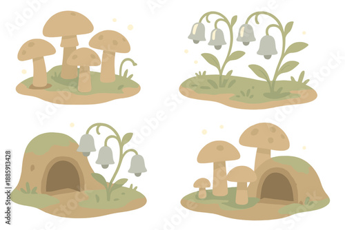 Whimsical Underground Garden. Isometric vector illustration set Underground Chime Garden: soft earth floor, mushroom pillars,