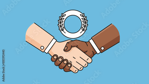 Handshake between diverse individuals with laurel wreath.